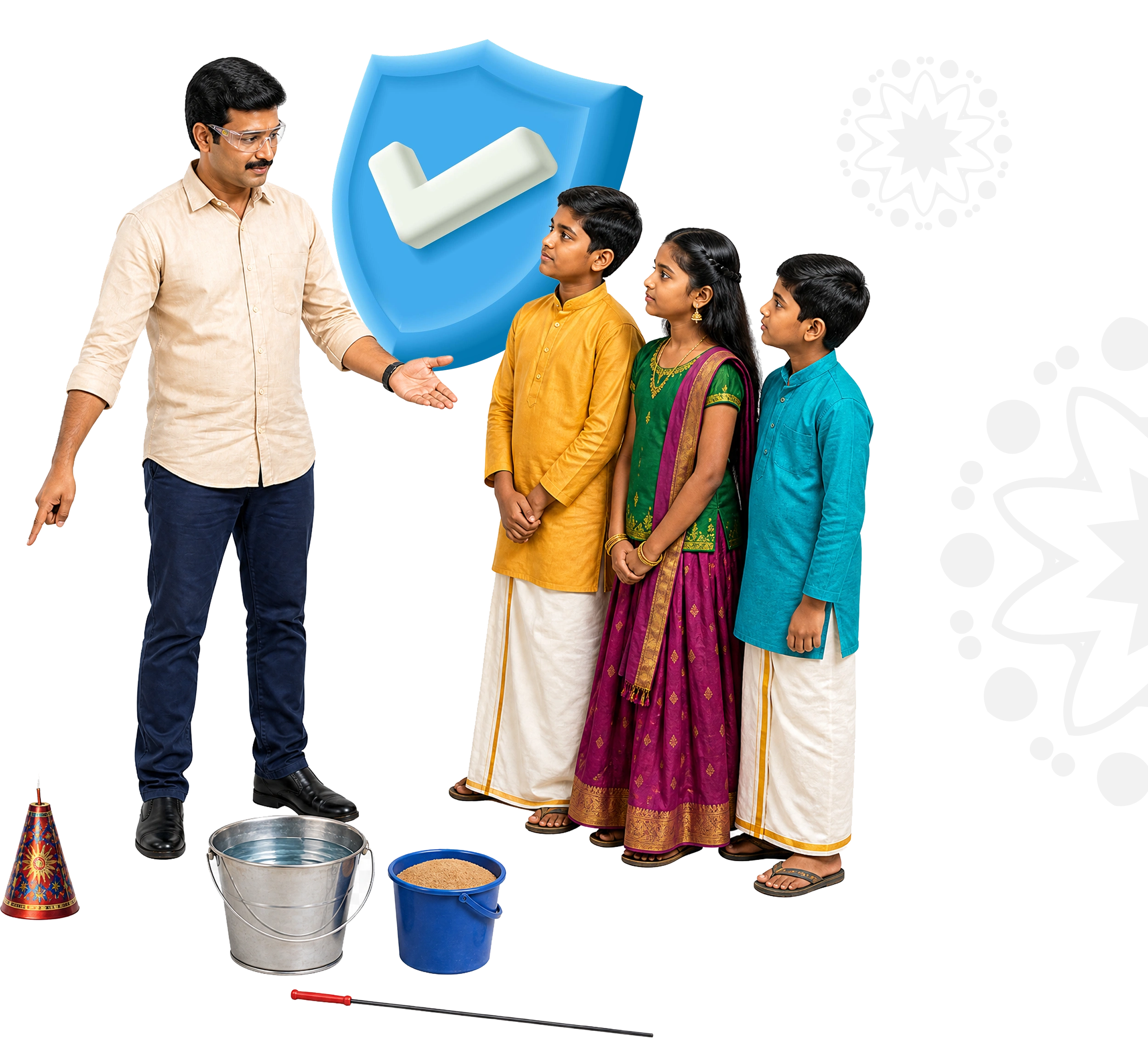 Father with shield badge and children with safety gear