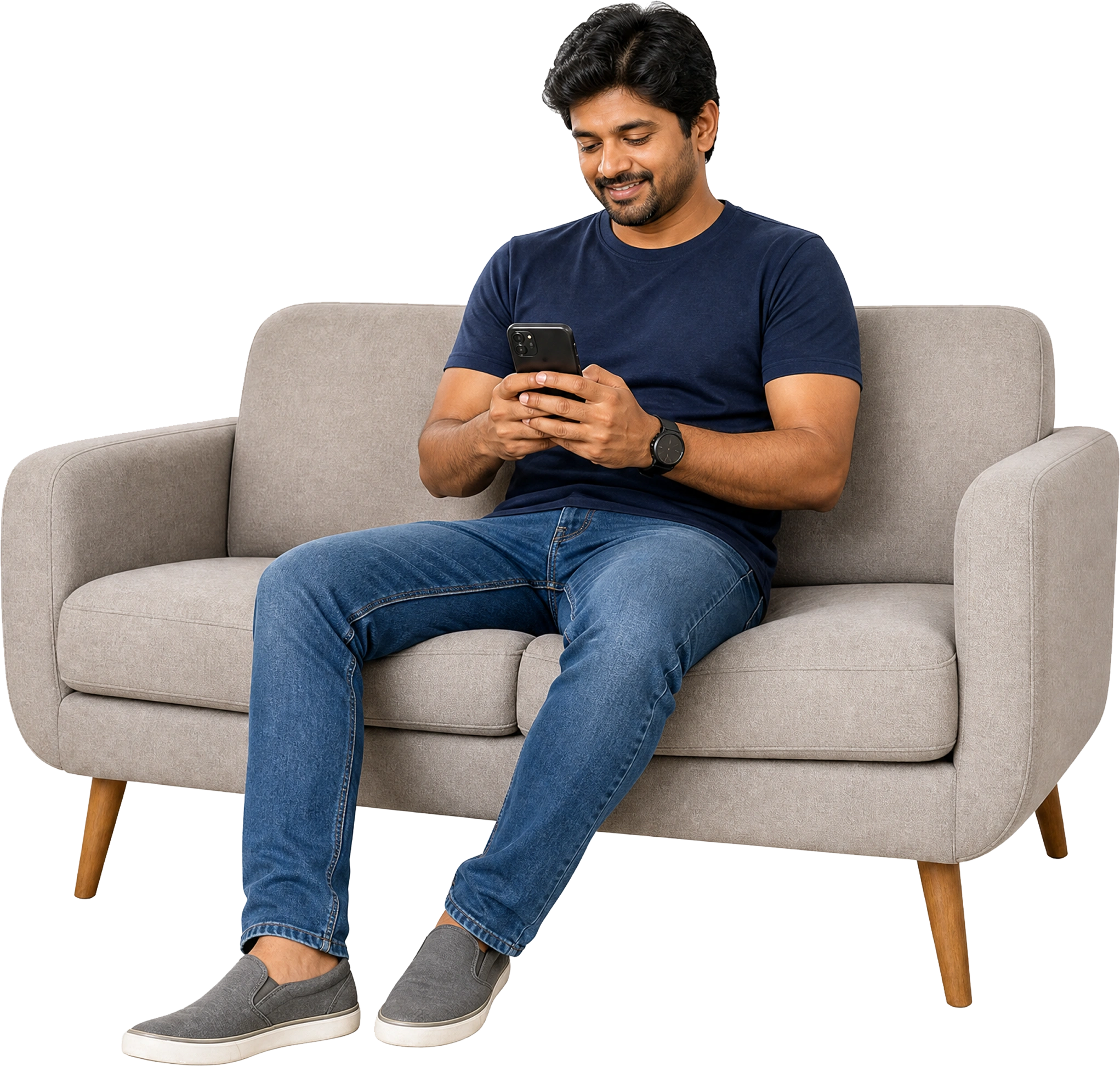Man relaxing on a sofa ordering fireworks on his phone